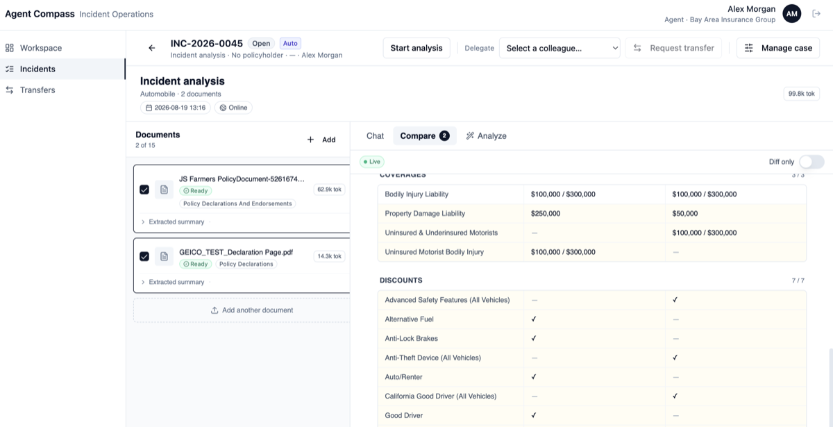 Two auto policies compared side by side in Agent Compass, with liability limits and discounts lined up row by row and the differences between them highlighted.