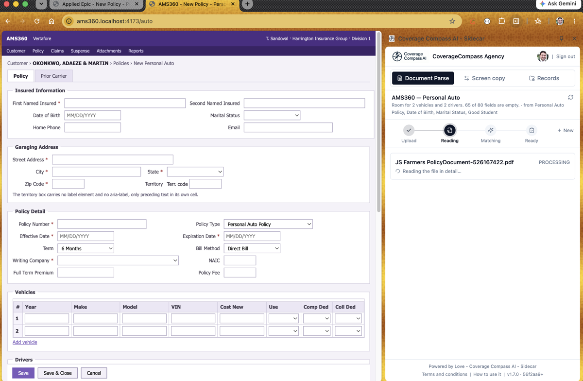 The SIDECAR side panel open beside an agency management system, reading an uploaded policy PDF into a new personal auto policy screen.